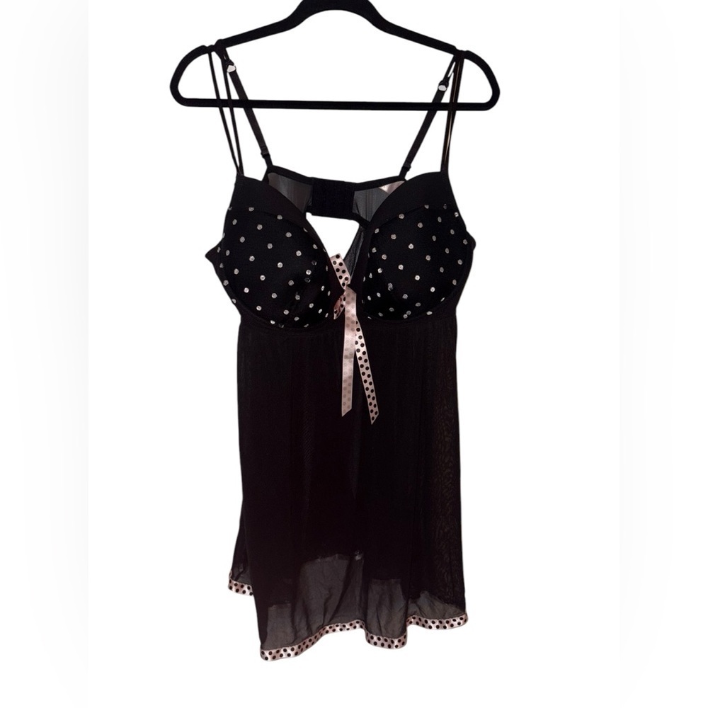 Cacique Babydoll Sheer Nightgown Lingerie Plus 22/24 Polka Dot Black